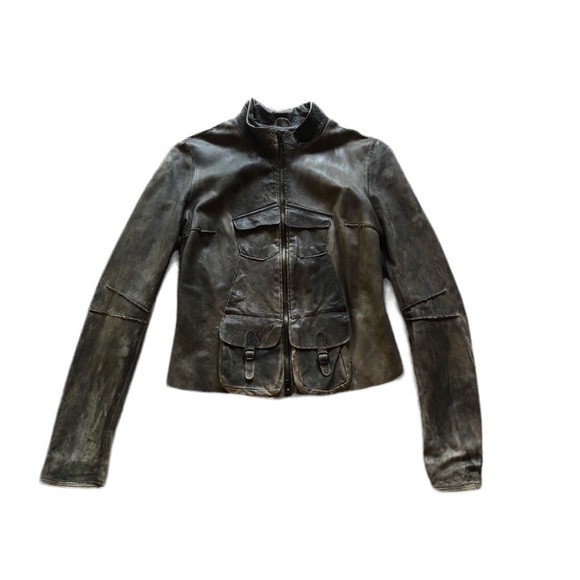 Blur Leather Aviator Jacket Khaki Green Cargo Pocket Bikercore - Picture 2 of 16